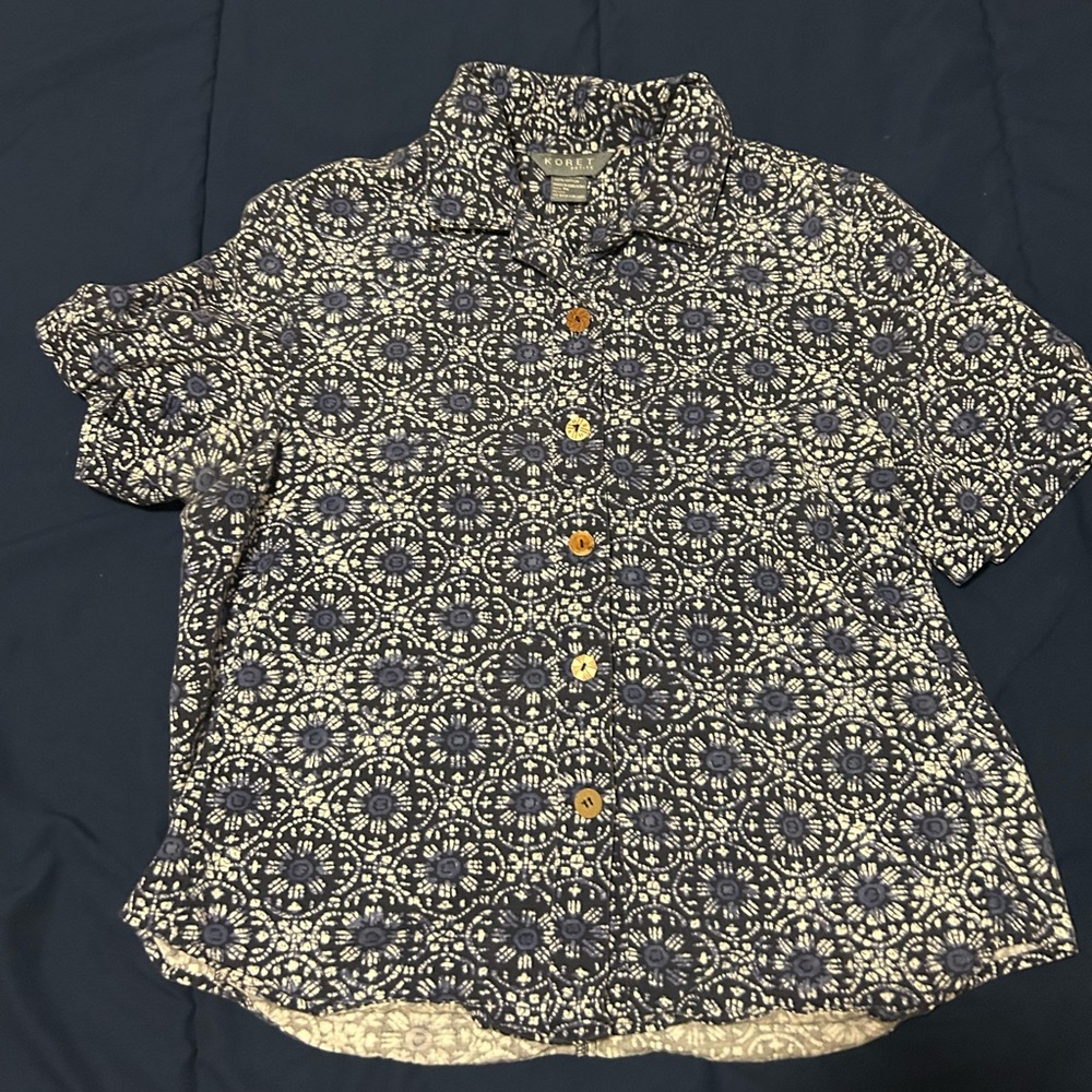 90s Denim Navy Button Up Boxy Top Soft White
